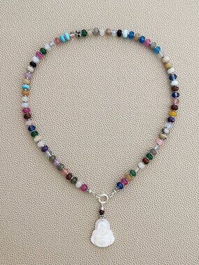 KAWAII MIXED GEMSTONE NECKLACE W/ HAPPY BUDDHA--16"